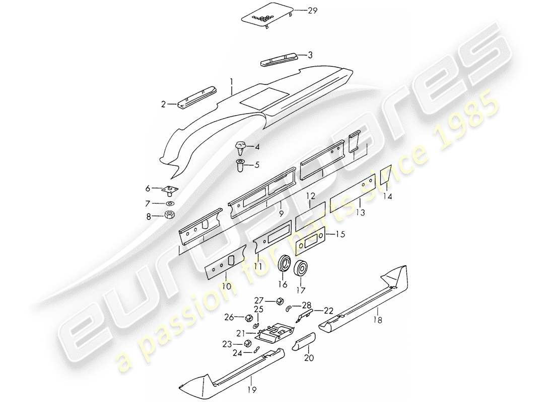 porsche 1972 (911) dash panel trim - with: - ashtray - and - trim cover part diagram