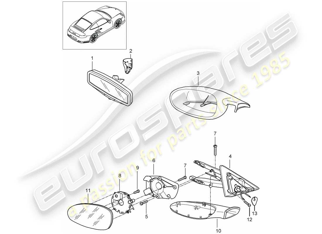 porsche 2011 (997-2 turbo / gt2 rs) rear view mirror inner part diagram