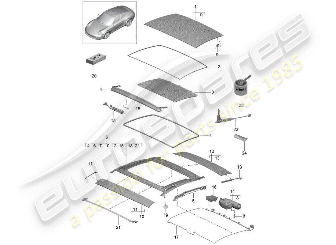 porsche 991 (2015) sunroof part diagram