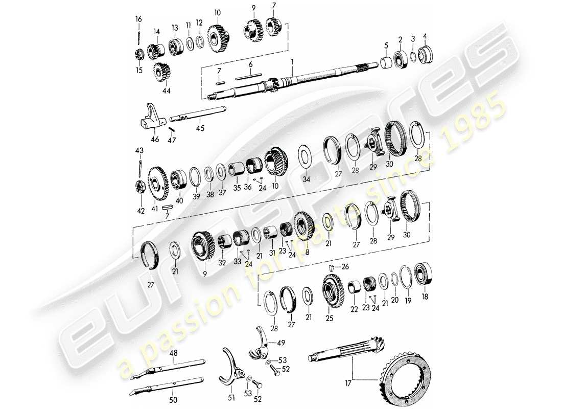 porsche 1954 (356/356a) gears and shafts - for - transmission part diagram