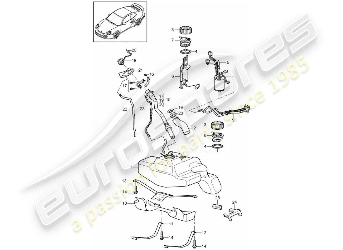 porsche 2011 (997-2 turbo / gt2 rs) fuel tank part diagram