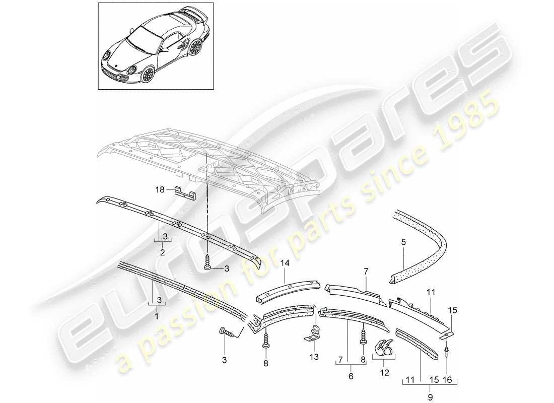 porsche 911 t/gt2rs (2011) convertible top parts diagram