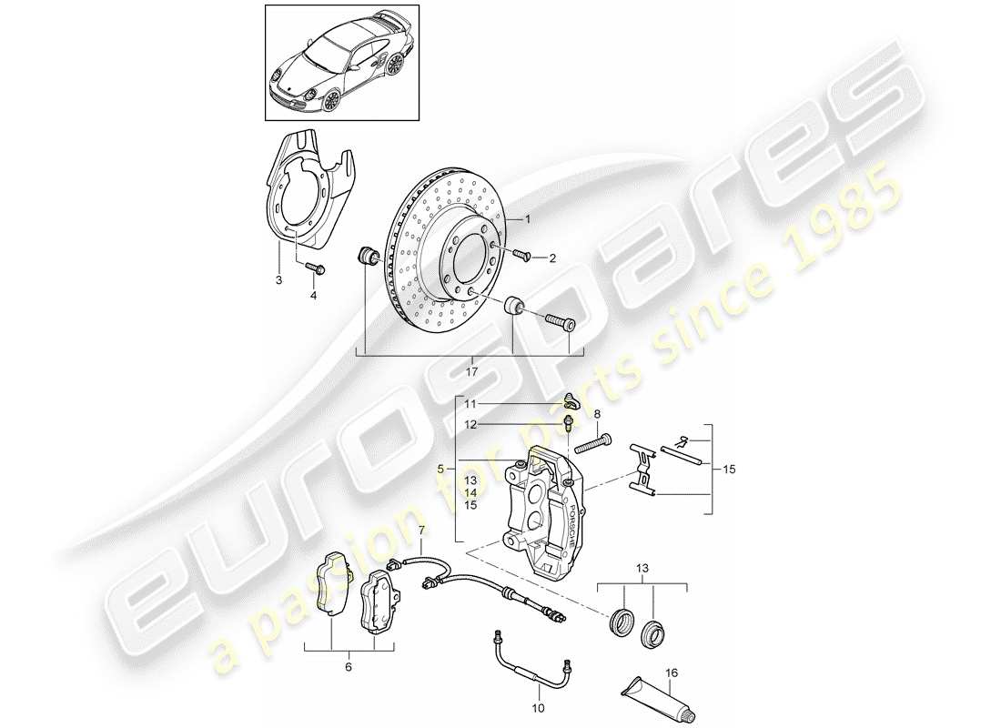 porsche 911 t/gt2rs (2011) disc brakes part diagram