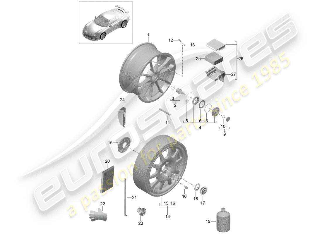 porsche 2019 (991-2 r/gt3/rs) alloy wheel part diagram