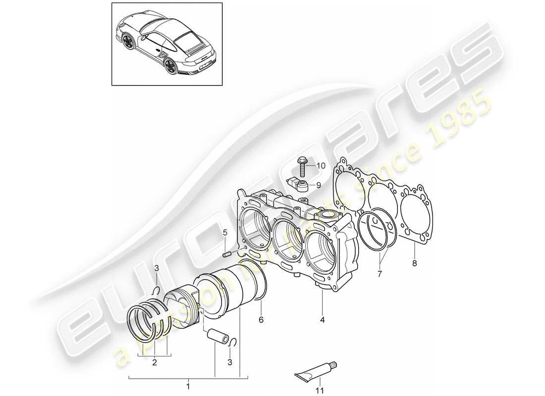 porsche 2011 (997-2 turbo / gt2 rs) cylinder with pistons part diagram