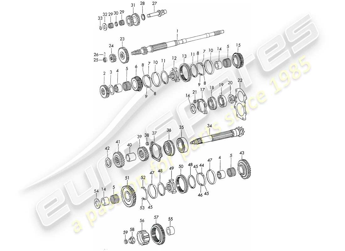 porsche 1970 (911) gears and shafts - 4-speed - transmission - d - mj 1972>> part diagram