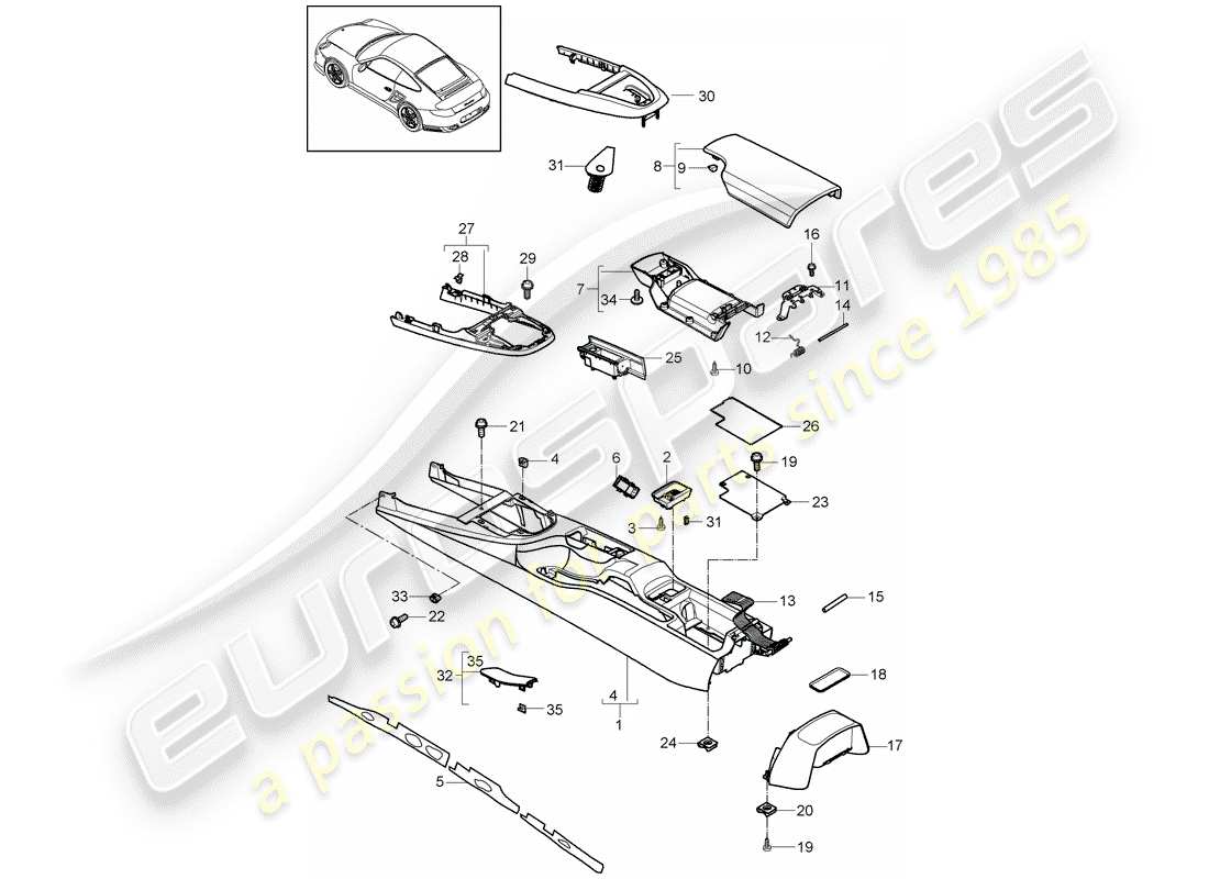 porsche 2012 (997-2 turbo / gt2 rs) center console part diagram
