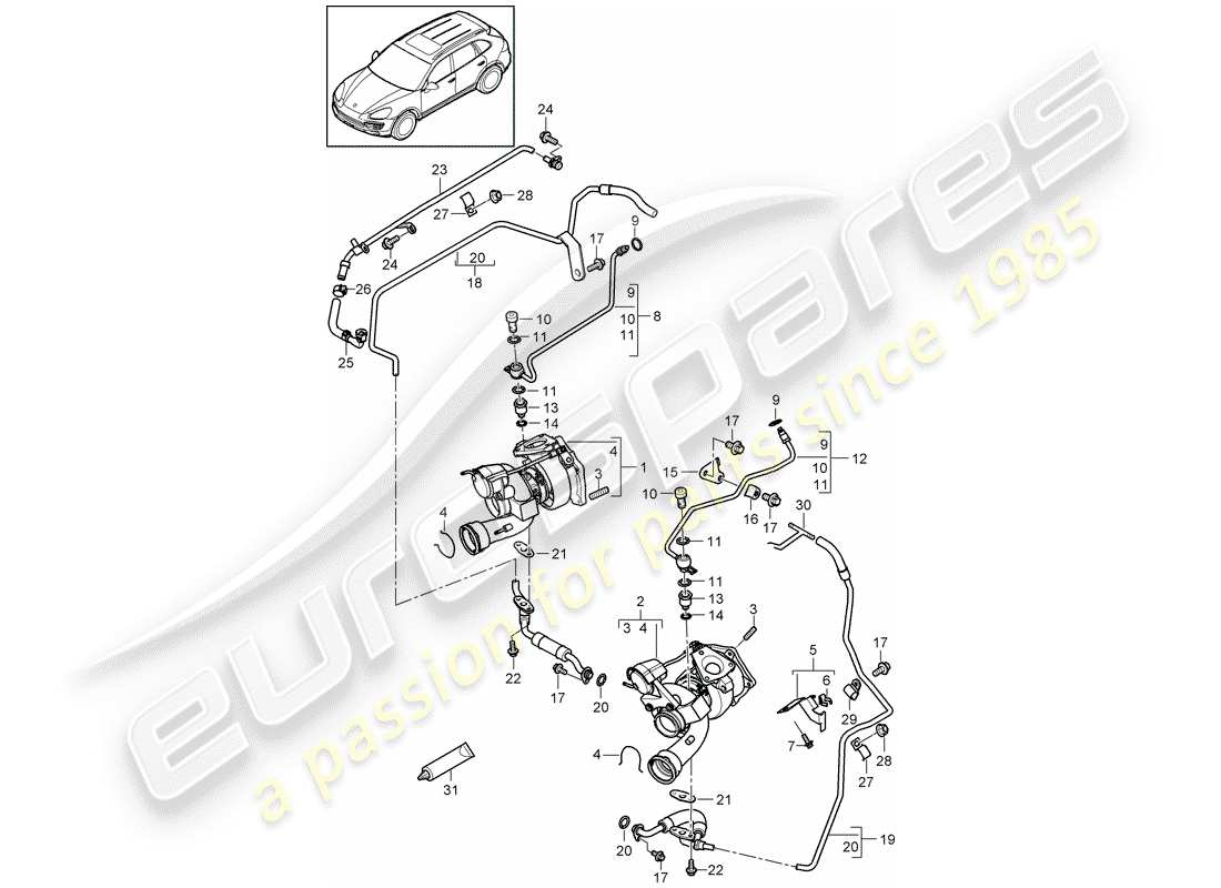 porsche 2011 (cayenne e2 92a) exhaust gas turbocharger part diagram