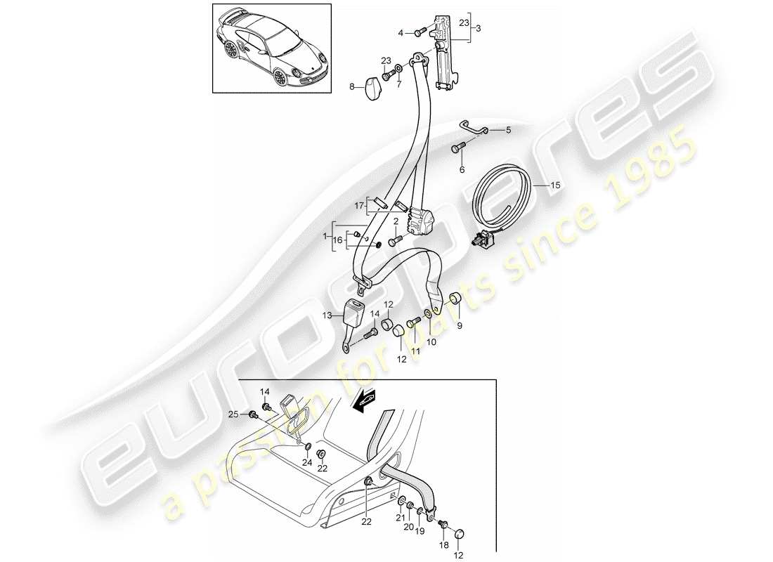 porsche 2012 (997-2 turbo / gt2 rs) seat belt part diagram