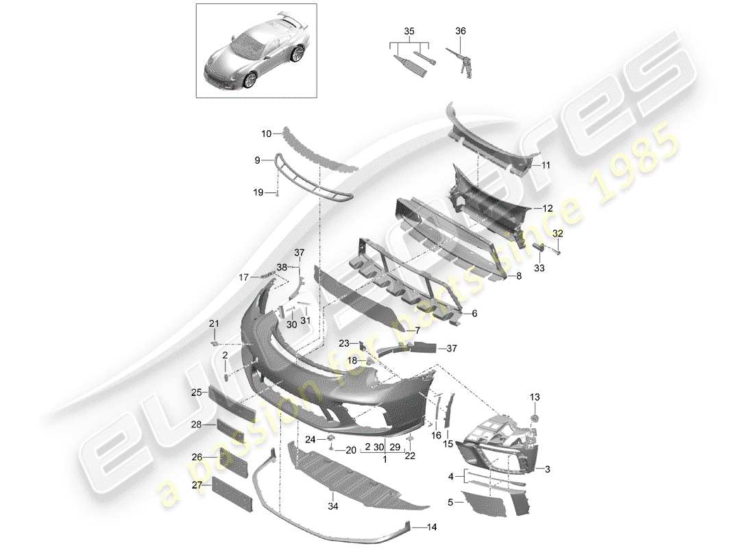 porsche 991r/gt3/rs (2015) bumper parts diagram