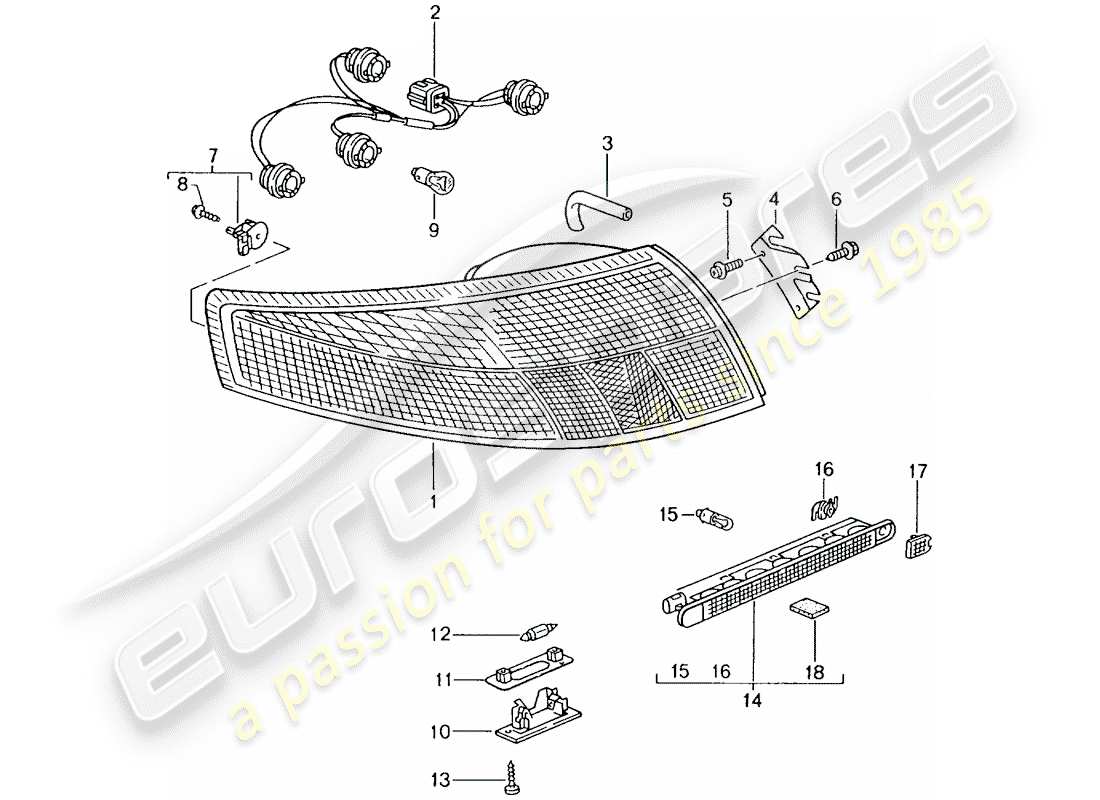 porsche 2001 (996 gt3) rear light - license plate light - additional brake light part diagram