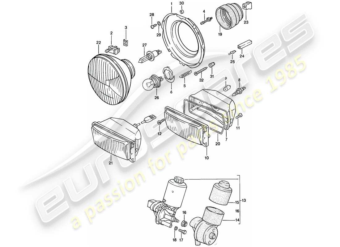 porsche 1983 (944) headlamp - electric motor - pop-up headlight part diagram