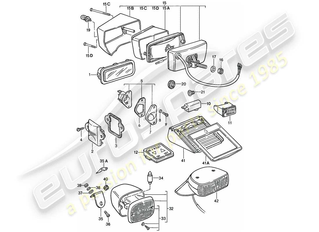 porsche 1986 (911) interior light - fog lights - lights part diagram