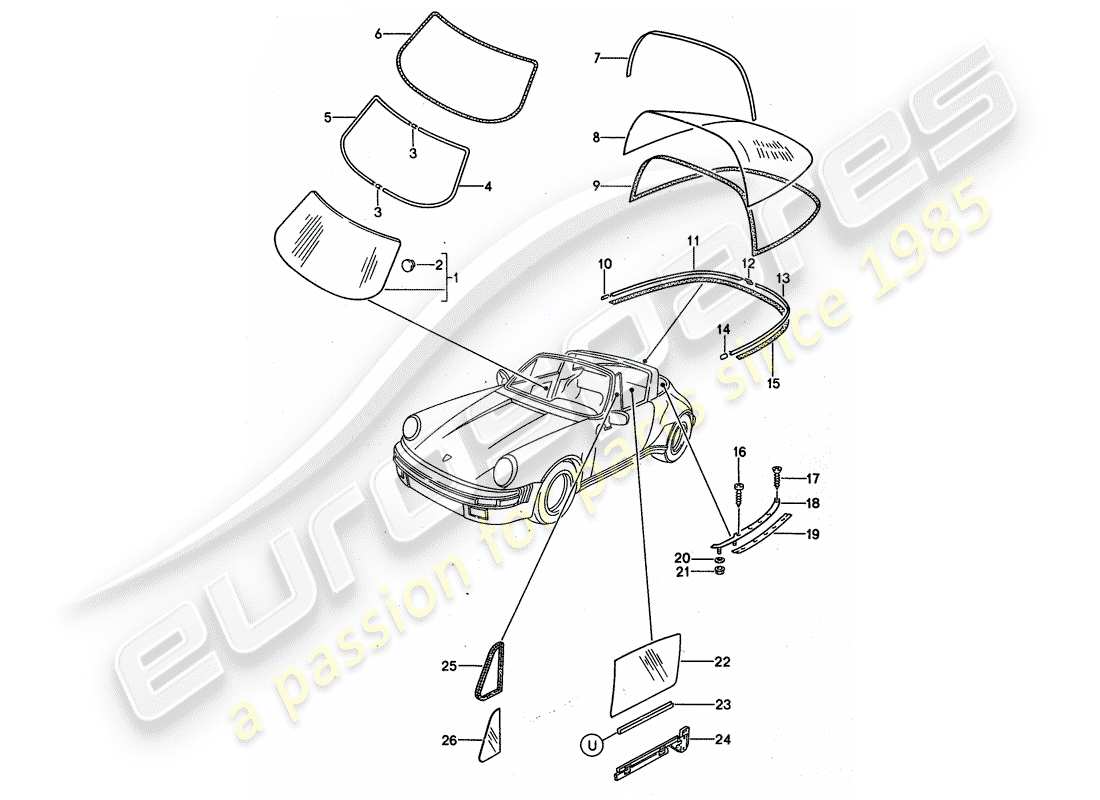 porsche 1987 (911) window glazing part diagram