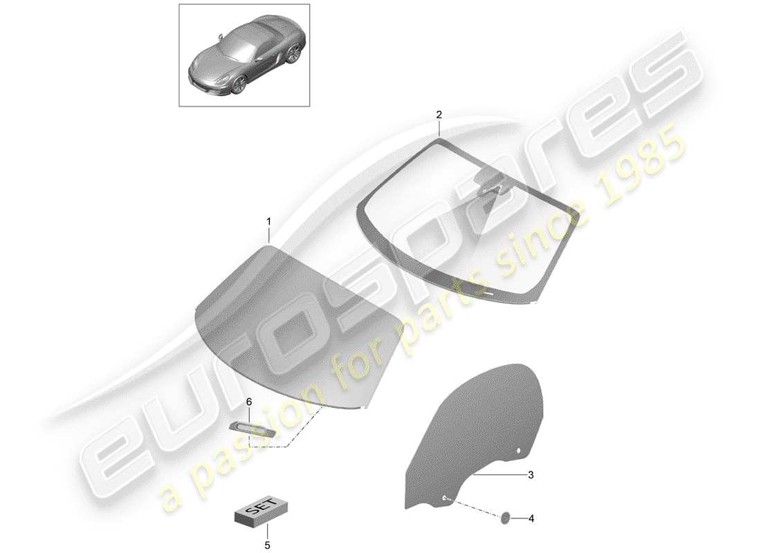 porsche 2012 (981 boxster) window glazing part diagram