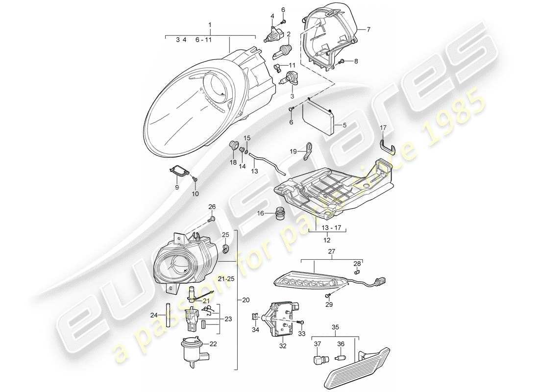 porsche 2009 997-2 turbo / gt2 headlamp part diagram