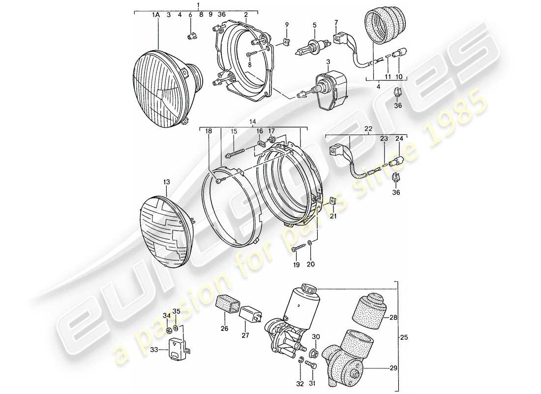 porsche 1989 (944) headlamp - electric motor - pop-up headlight part diagram