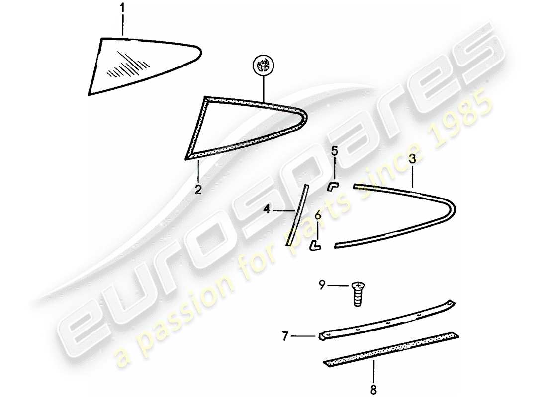 porsche 1984 (911) window glazing - side window parts diagram