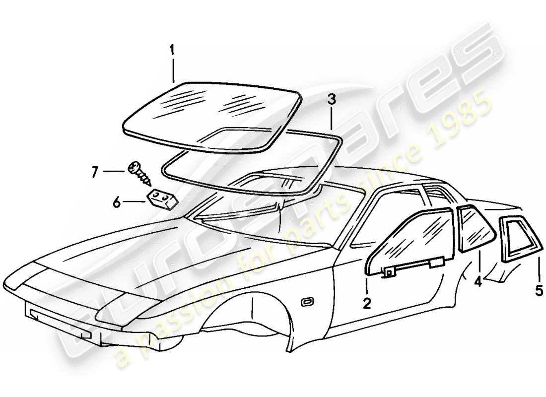 porsche 1982 (944) window glazing parts diagram