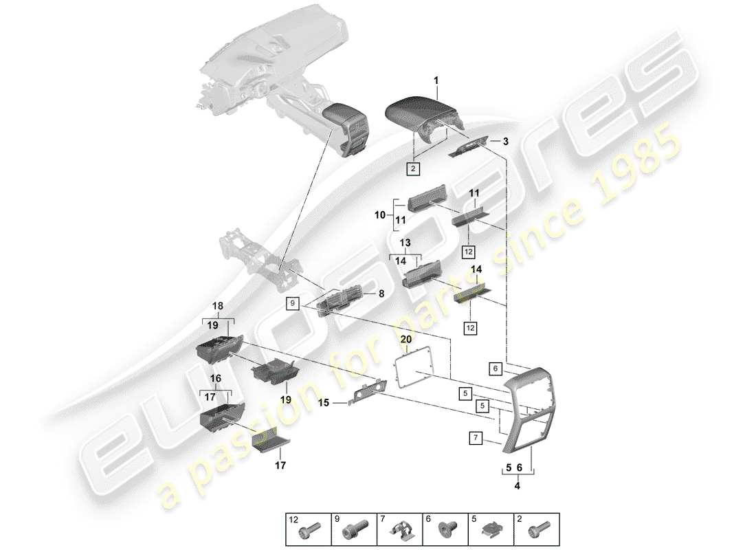 porsche 2020 (cayenne e3 9ya/9yb) center console part diagram