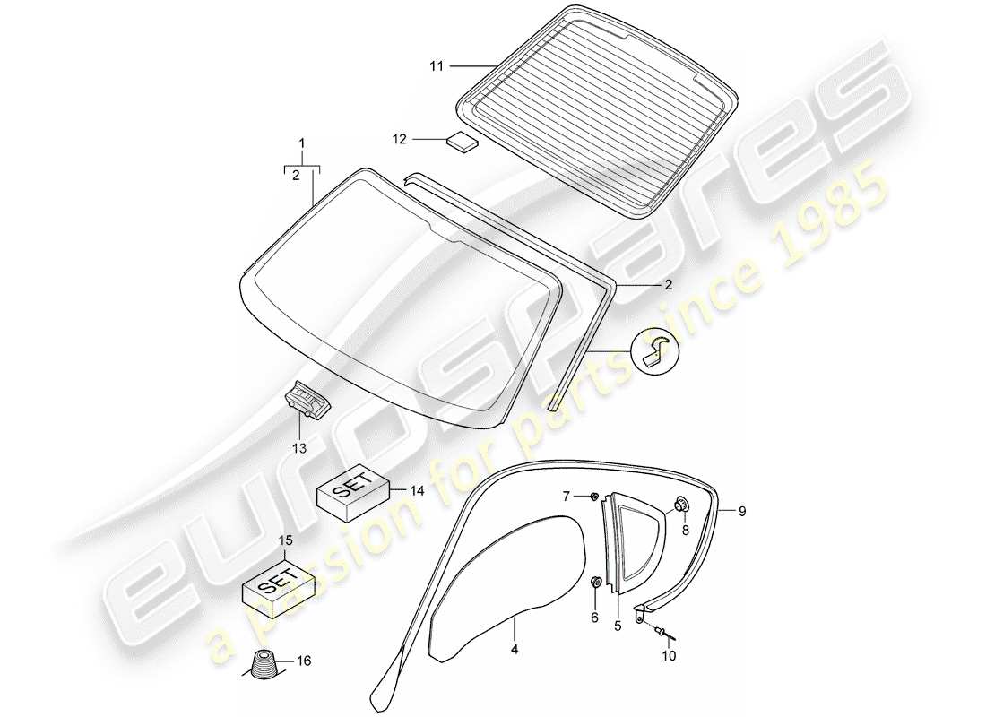 porsche 2006 (987 cayman) window glazing part diagram
