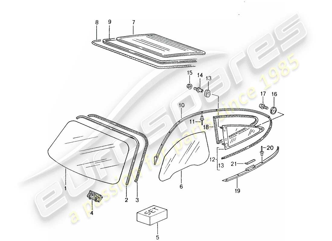 porsche 1999 (996) windshield glass - rear window glass - side window part diagram