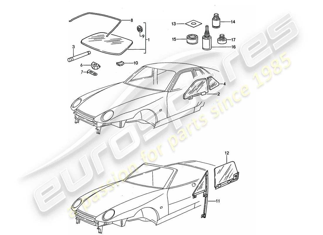 porsche 1994 (968) window glazing parts diagram