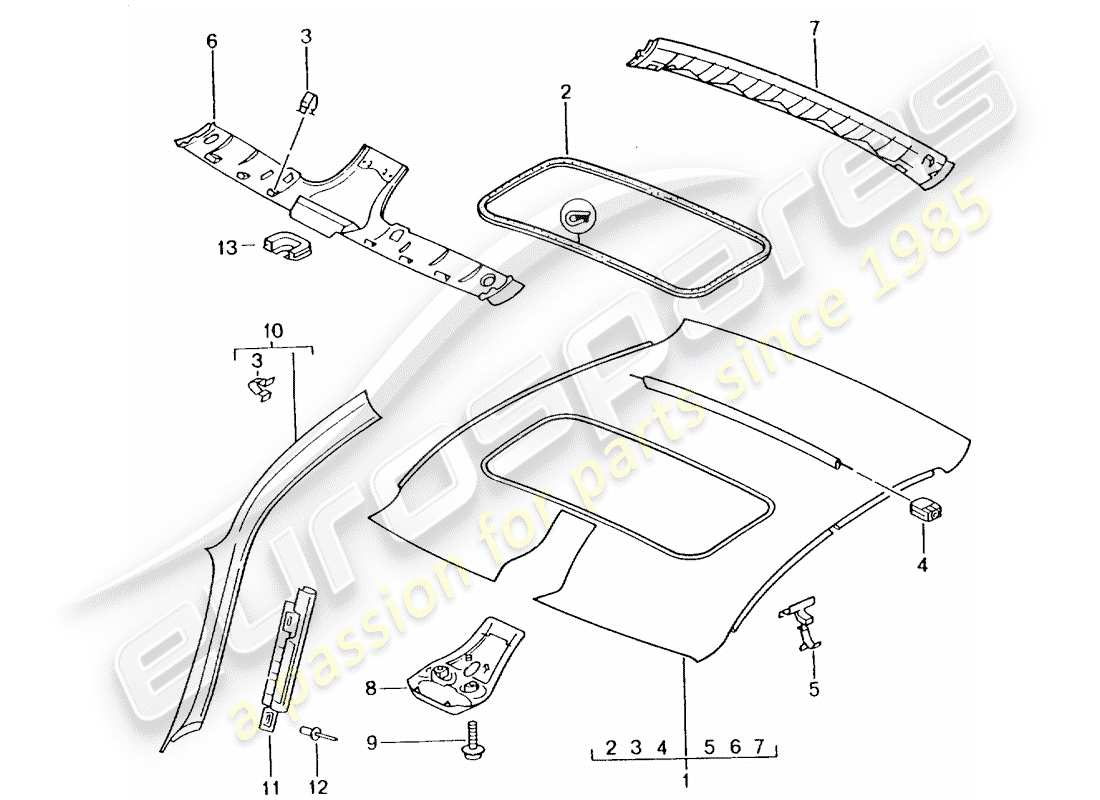 porsche 2005 (996 turbo / gt2) roof trim panel parts diagram