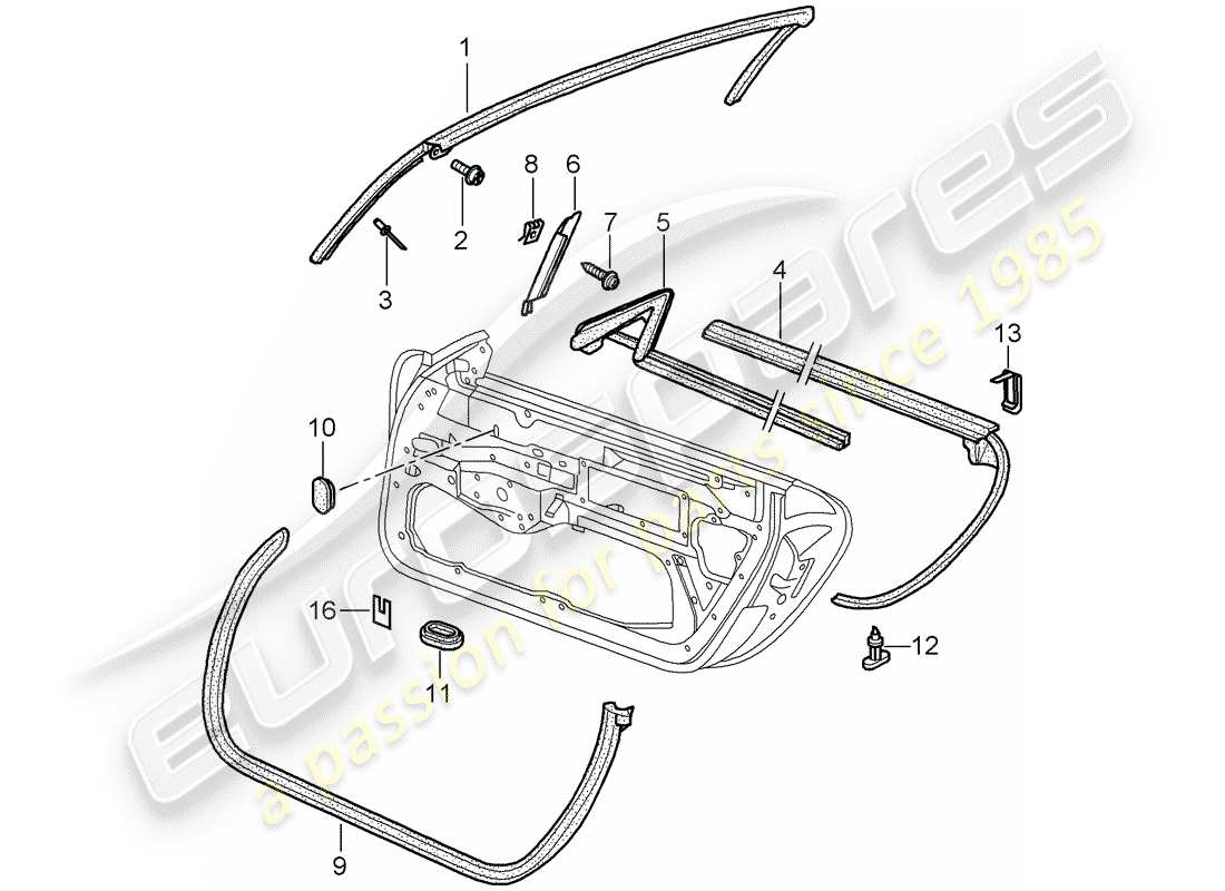 porsche 2001 (996) door seal - gasket - windshield frame parts diagram