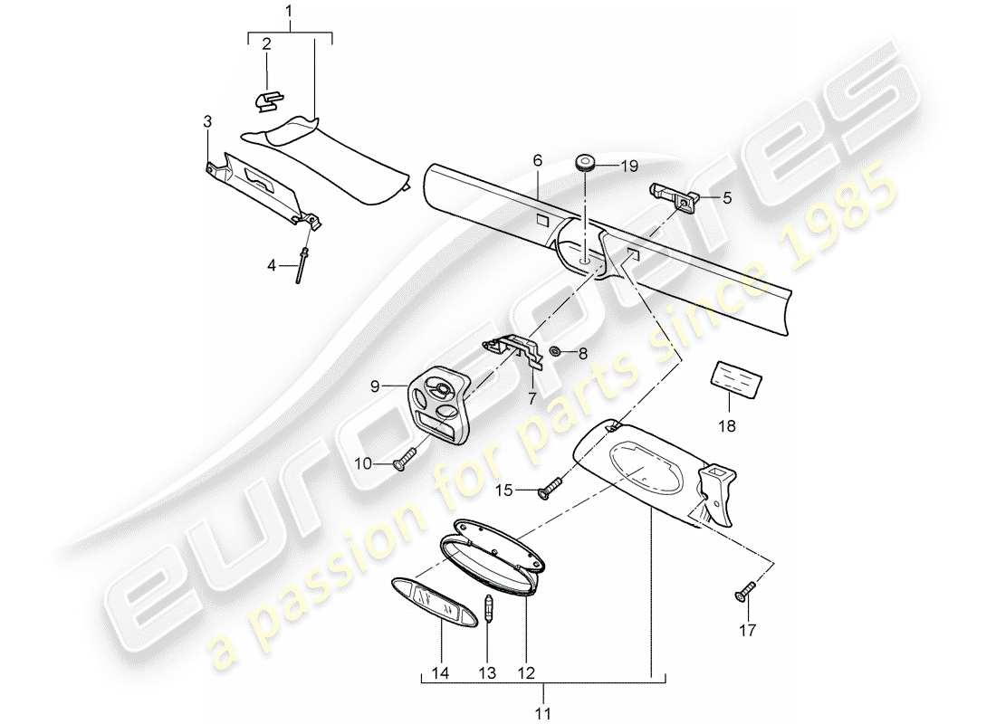 porsche 1999 (986 boxster) windshield frame - sun vizors parts diagram