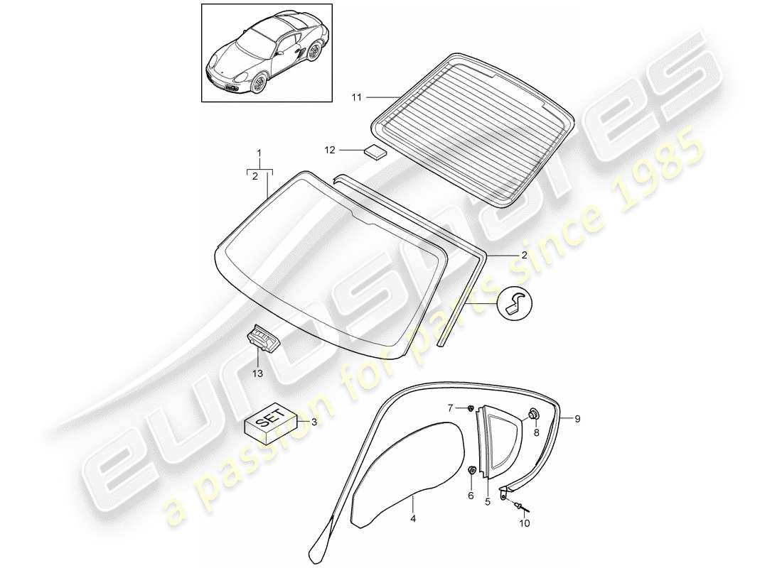 porsche 2011 (987 cayman) window glazing part diagram