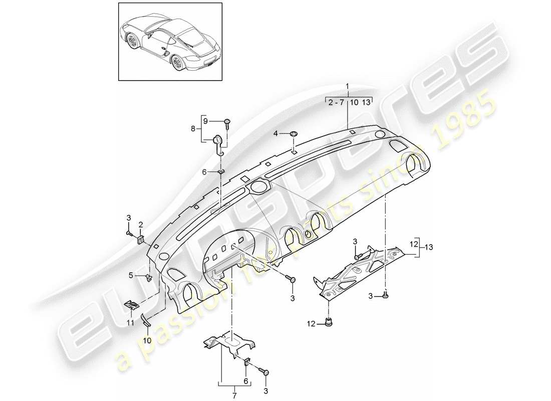 porsche 2007 (987 cayman) dash panel trim part diagram