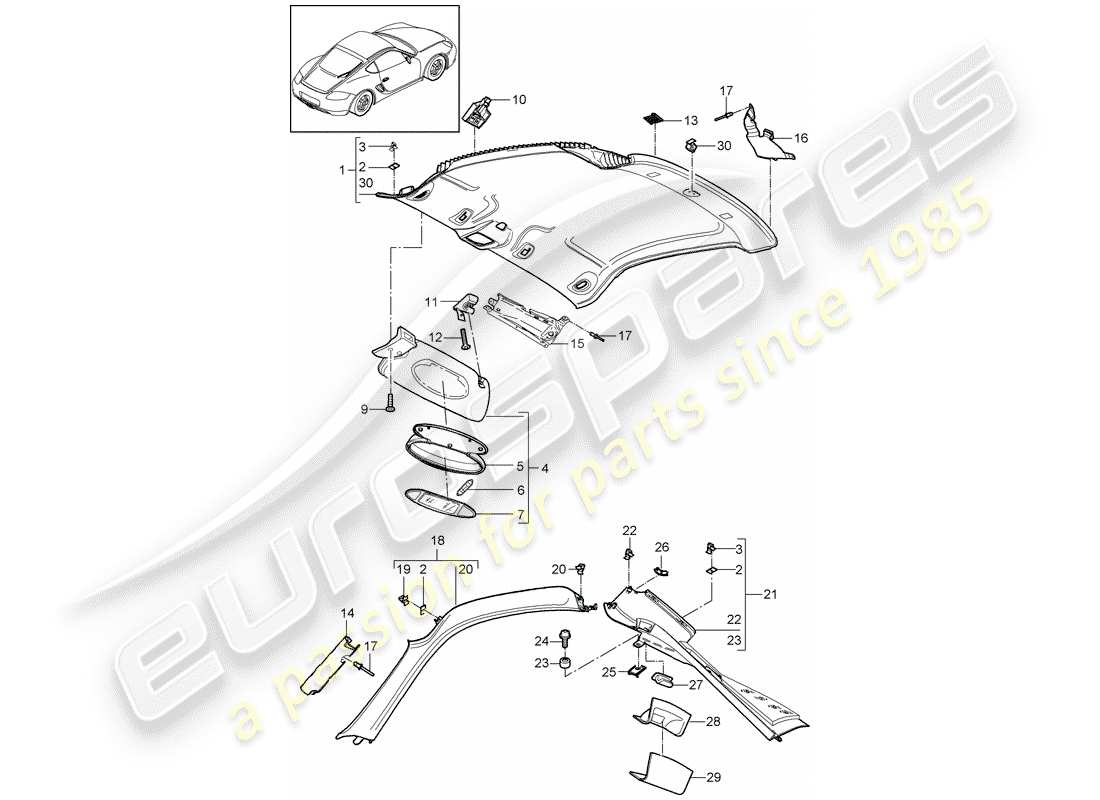 porsche 2007 (987 cayman) roof trim panel part diagram