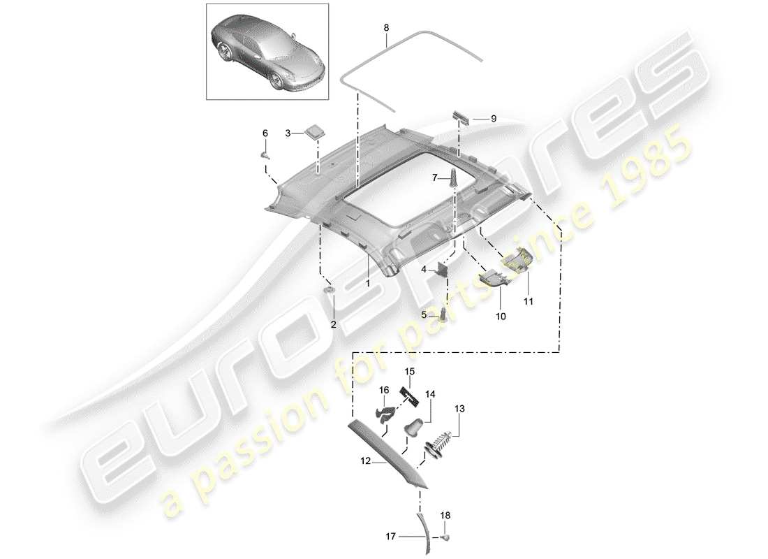 porsche 991 (2015) roof trim panel parts diagram