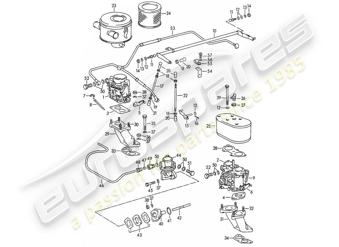 porsche 356b/356c (1965) carburetor - and - fuel supply line parts diagram