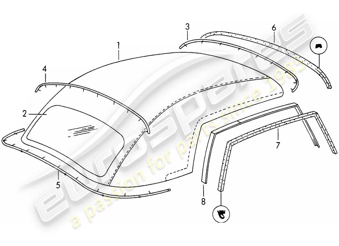 porsche 1954 (356/356a) convertible top covering part diagram