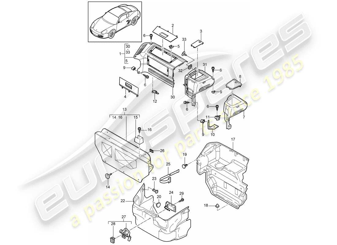 porsche 2009 (987 cayman) luggage compartment parts diagram
