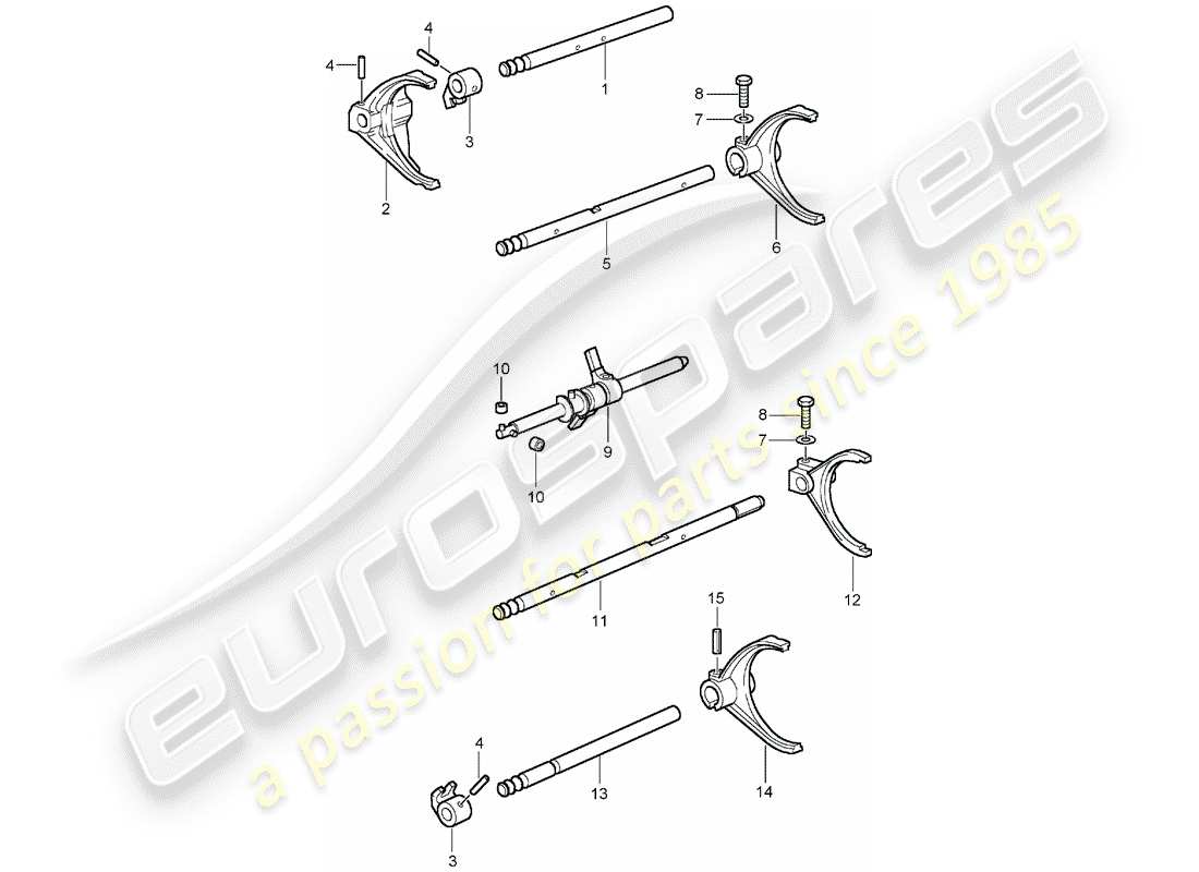porsche 2004 (996 gt3) selector shaft - selector fork - shift rod part diagram