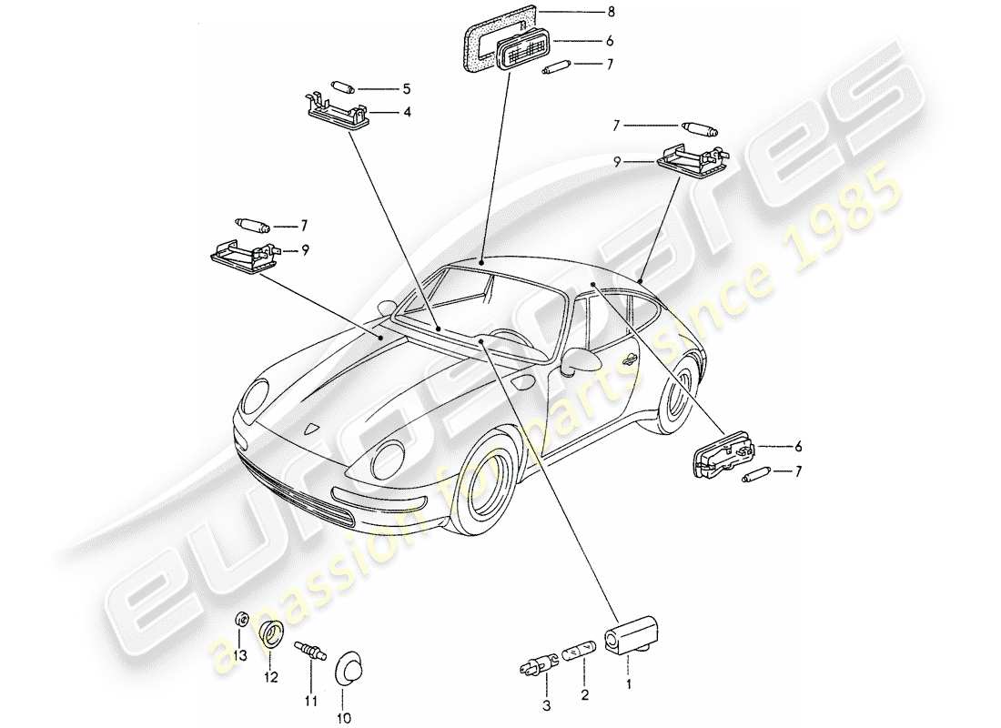 porsche 1994 (993) interior lights - luggage compartment lamp - engine compartment light part diagram
