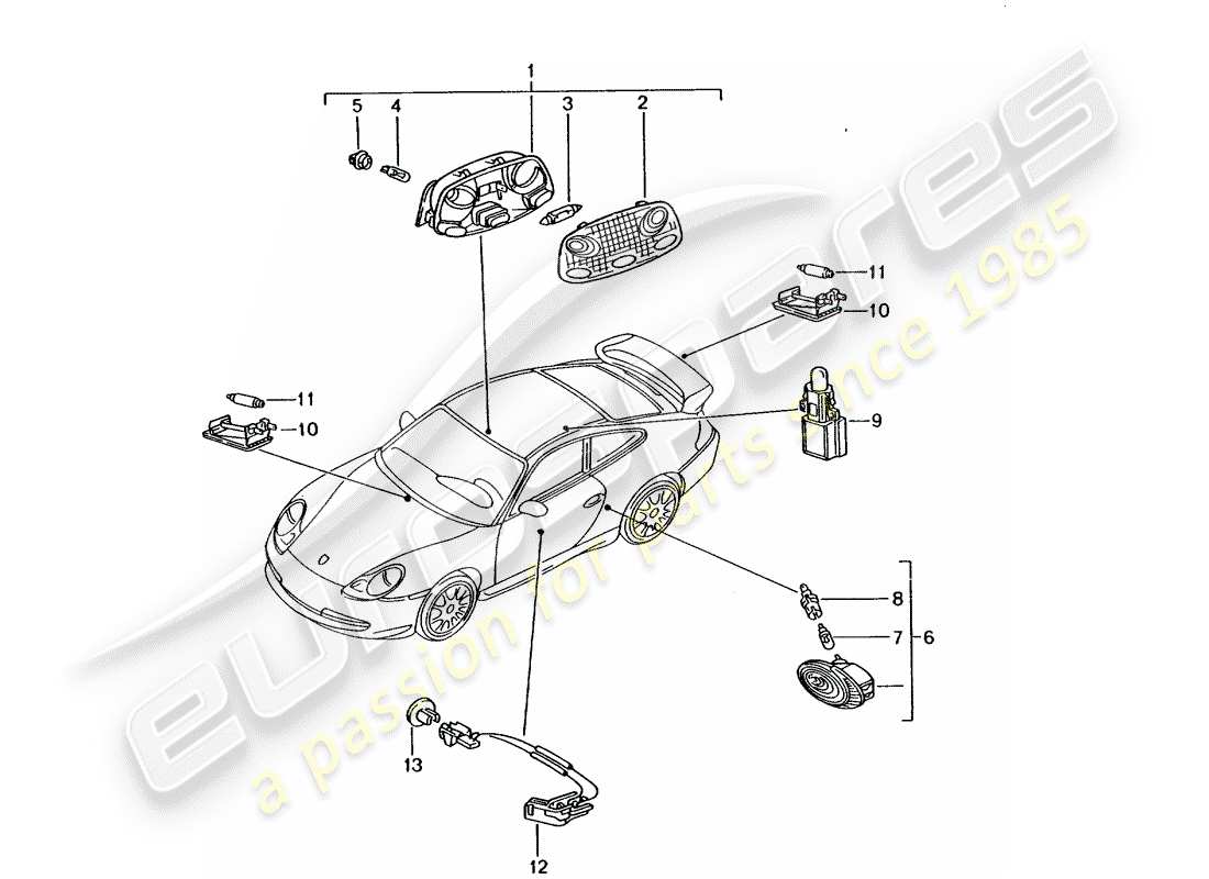 porsche 2005 (996 gt3) interior light - luggage compartment lamp - engine compartment light - glove box light - door handle ilumination - interior release part diagram