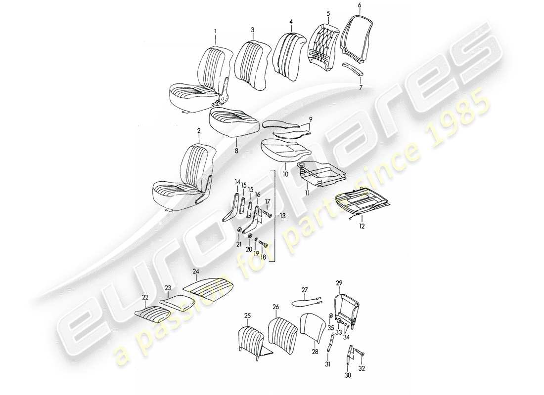 porsche 1962 (356b/356c) front seat - and - emergency seat part diagram