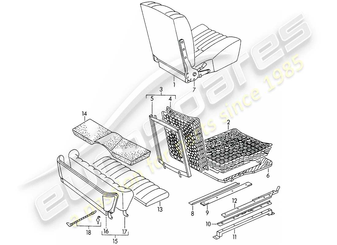 porsche 1954 (356/356a) front seat - and - emergency seat part diagram
