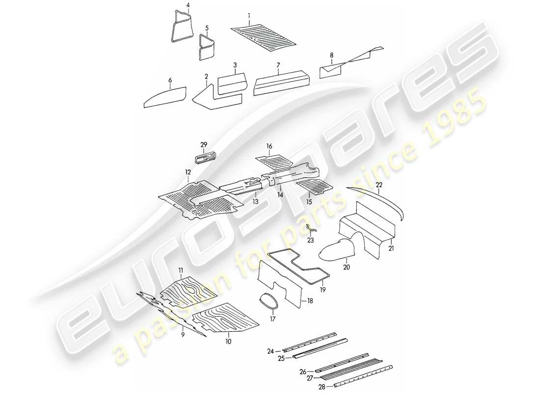 porsche 1952 (356/356a) trims - footwell parts diagram