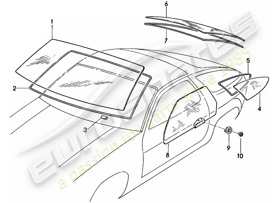 porsche 1983 (928) window glazing part diagram