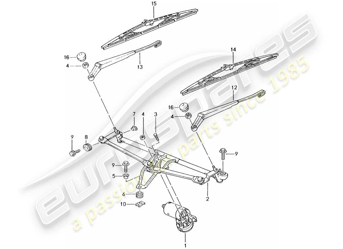 porsche 2001 (996 gt3) windscreen wiper system parts diagram
