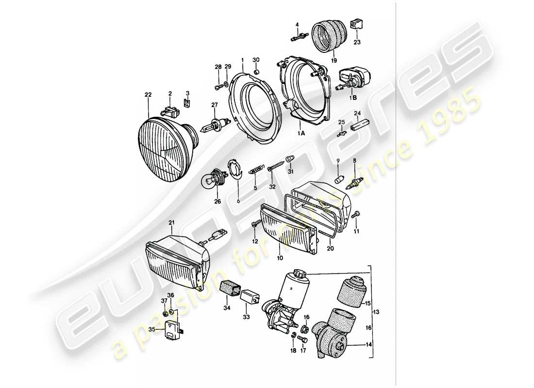 porsche 1988 (944) headlamp - electric motor - pop-up headlight parts diagram