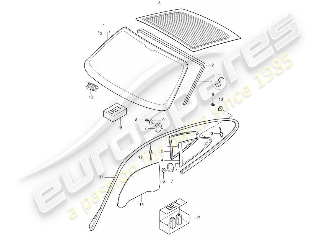 porsche 2008 (997-1 turbo / gt2) window glazing parts diagram