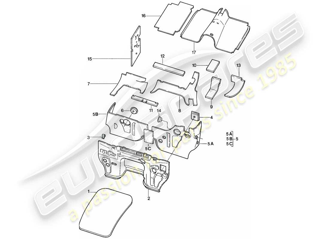 porsche 1983 (928) body shell - sound proofing 1 part diagram