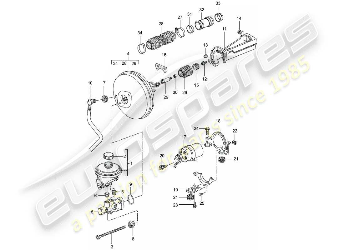 porsche 2000 (996) brake master cylinder - brake booster - clutch pump part diagram