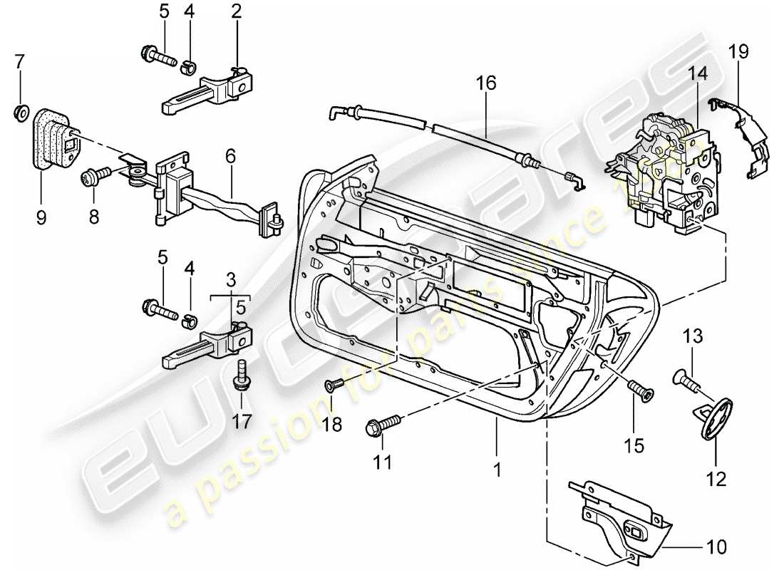 porsche 2002 (996) door shell - door latch parts diagram